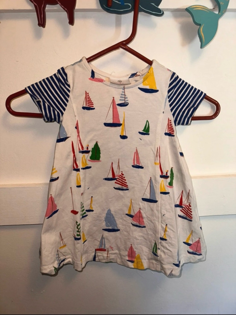 Hanna Andersson White Sailboat Print Short Sleeve Dress with Blue Stripes